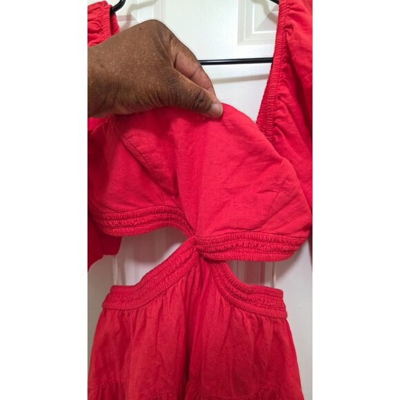 Free People Red Cross Of Sunlight Beach Tiered Mini Dress Puff Sleeves & Smocked - Picture 4 of 6